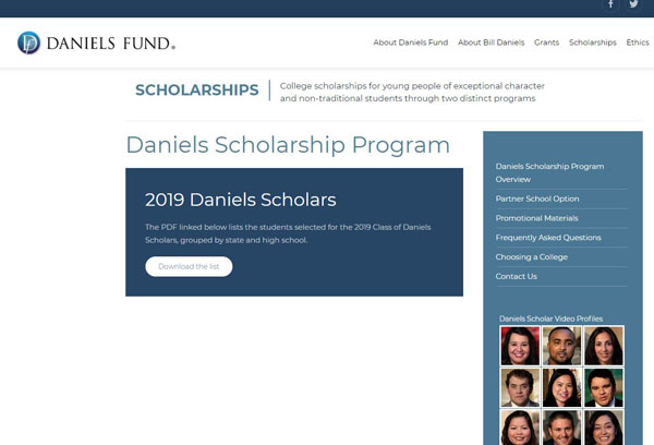 daniels scholarship page screenshot