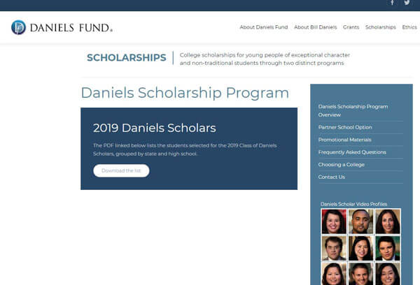 daniels scholarship page screenshot