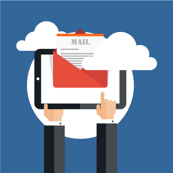 Cartoon of arms, one hand pointing to ipad with envelope, mail and clouds graphic