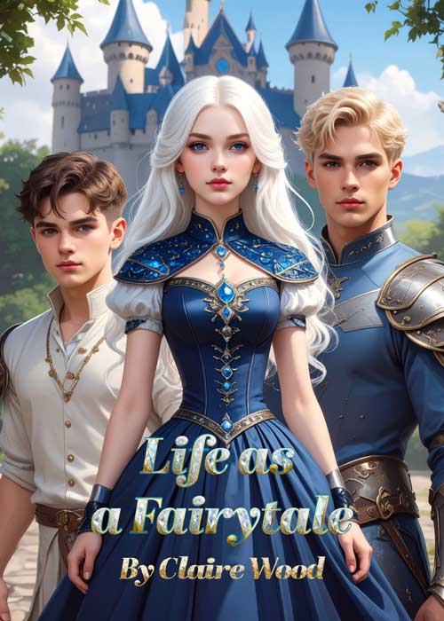 Two princes and a white haired princess standing in front of a castle.