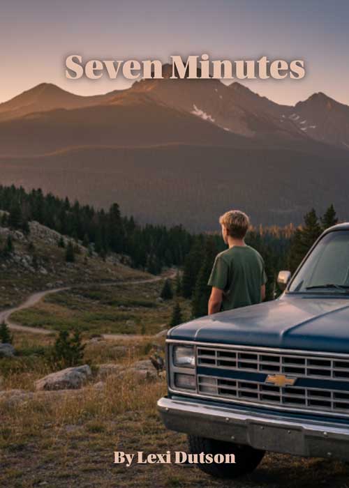Teen sitting by car looking at mountains.