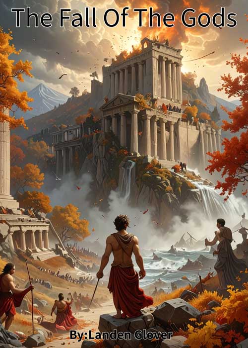 ancient roman building off in the distance up high, warriors around it looking up at the building