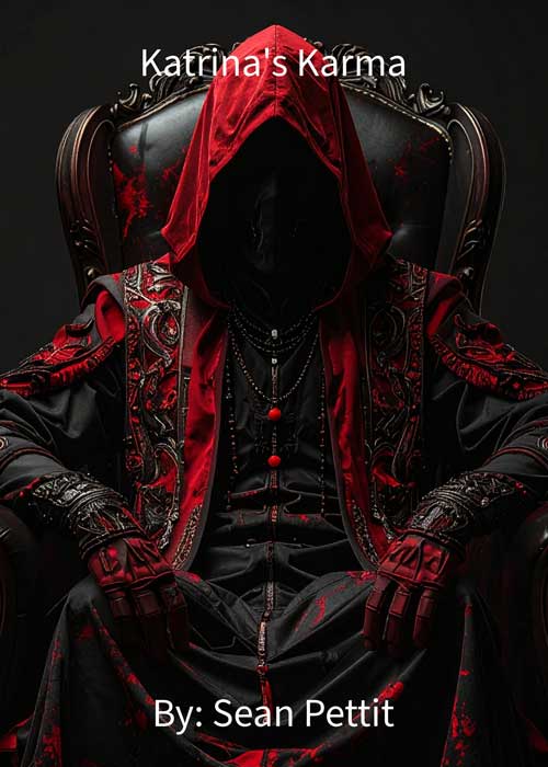Dark shadowed face with red and black cloaked man in a chair.