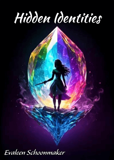 Colorful crystal in the background, shadow of a woman in a skirt with a sword in front.